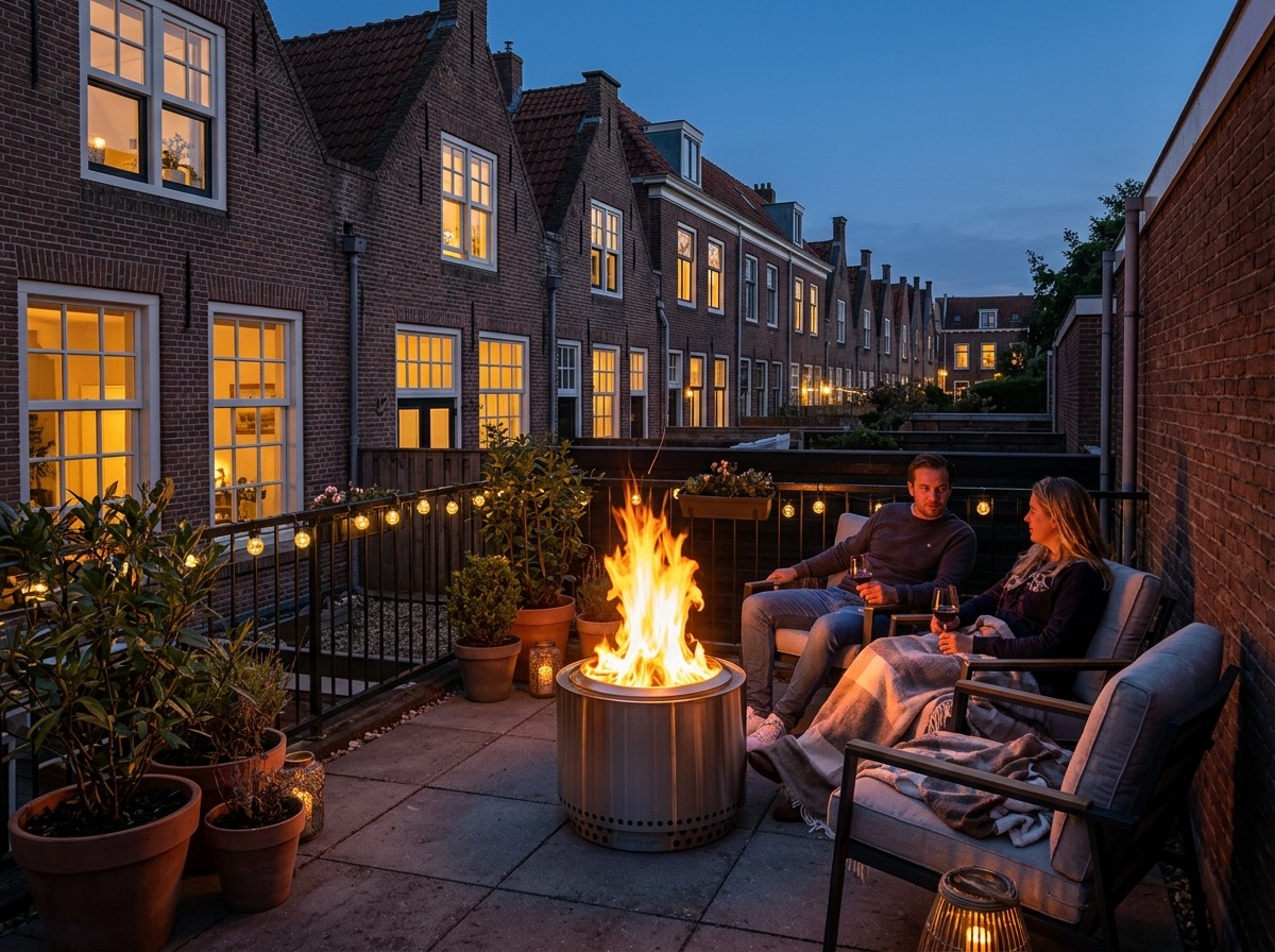 Rookloze vuurkorf op een terras bij schemering
