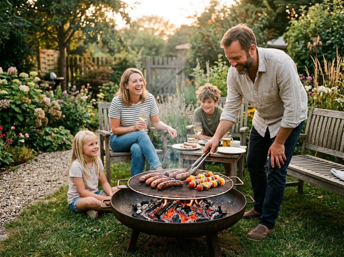 Vuurschaal met grillrooster in een tuin