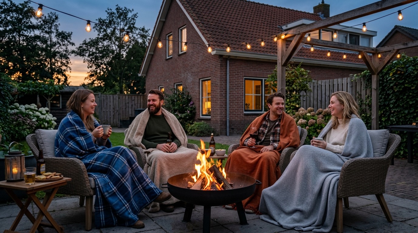 Vrienden rond een brandende vuurkorf in de tuin